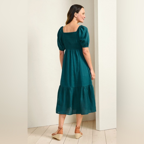 Garnet Hill Linen Teal Puff Sleeve Midi Dress - Picture 2 of 5